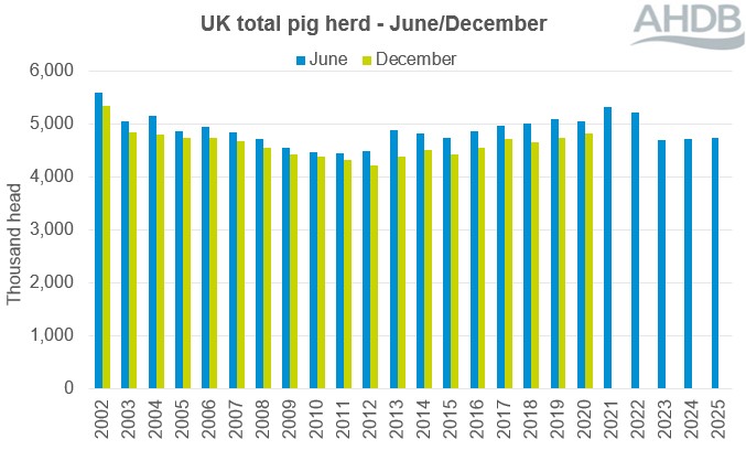 UK total herd bar chart to 2025. 